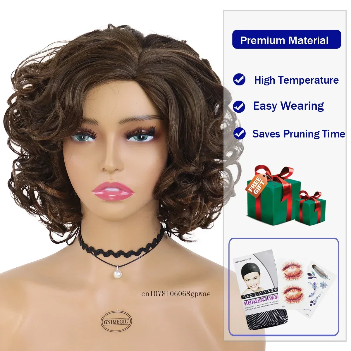 Synthetic Brown Wig for Women Afro Short Wigs Curly Hair Dark Root Ombre Wig Daily Natural Fluffy Side Parting Wig with Bangs