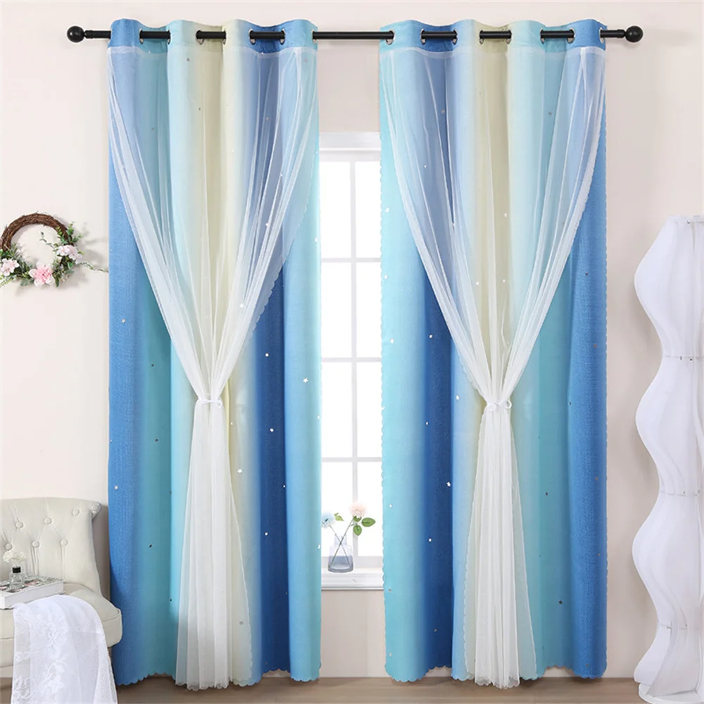 1Pc Kids Rainbow Double-Deck Twinkle Curtain Curtains for Bedroom Thermal Insulated Grommet Top Window Treatment ﻿