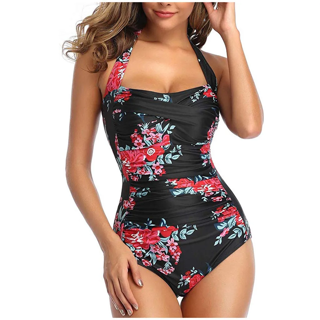 Women One Piece Push Up Padded Bikini Swimsuit Halter Leakage Back Slim Swimwear Summer Solid Beach Bathing Suit  Monokini