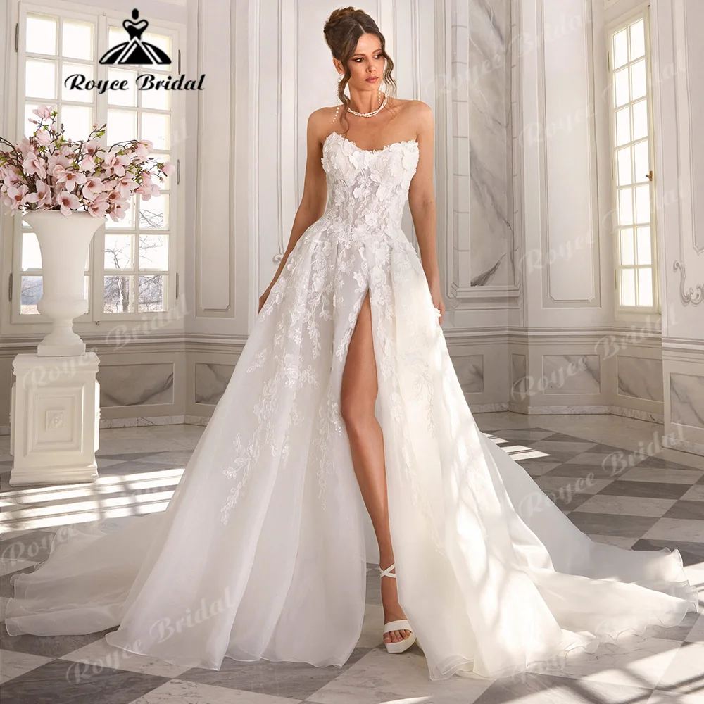 Roycebridal Strapless Sweetheart Ball Gown Wedding Dress 3D Floral Lace Open Back High Slit Organza Vestido De Novia Customized