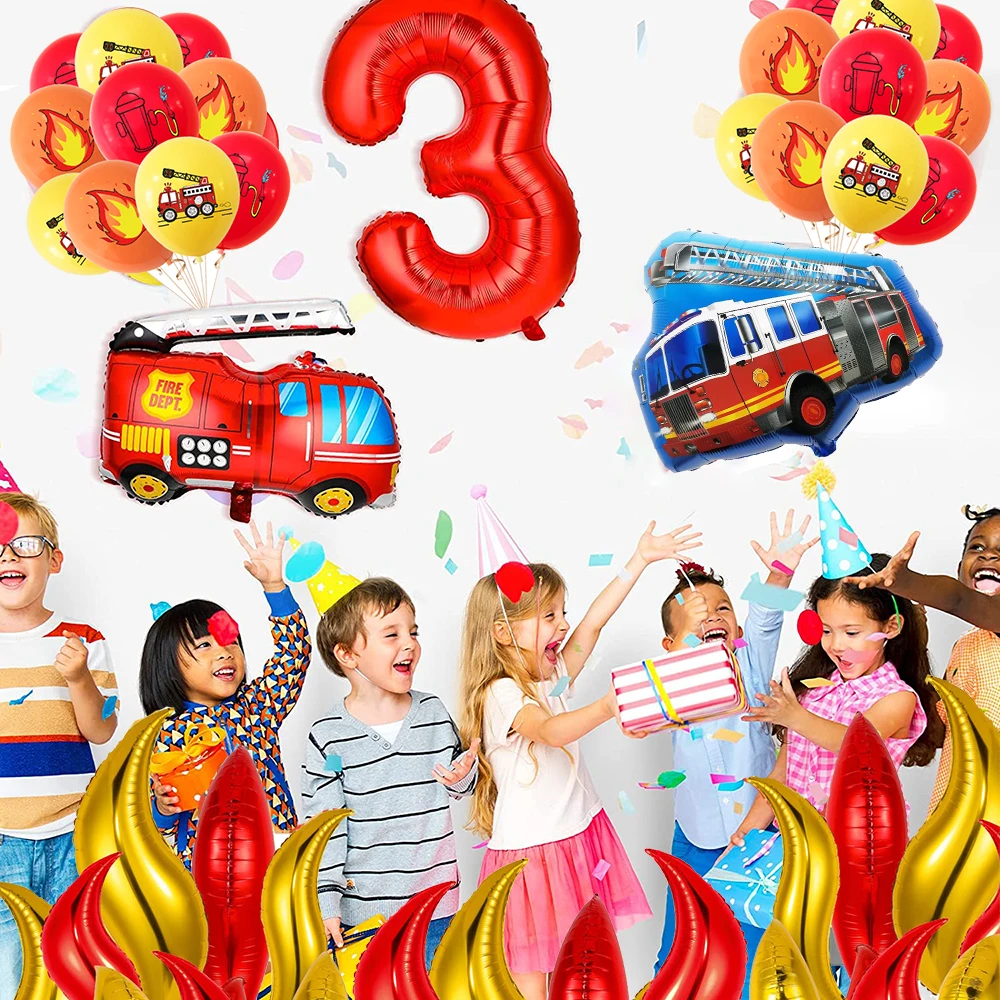 Fire Truck Birthday Decoration Foil Flame Firetruck Number Balloons Kids Boys Firefighter Fireman Sam Party Baby Shower Supplies