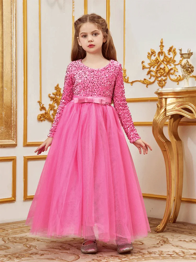 Girls Round Neck Pink Velvet Floor Performance Christmas Birthday Evening Dress Short Sleeve Shiny Performance Evening Dress