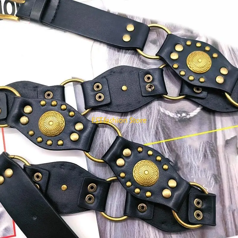 Y5GC Women PU Stitching Waist Belt Ethnic Belts with Carved Flower Buckle Waist Belt
