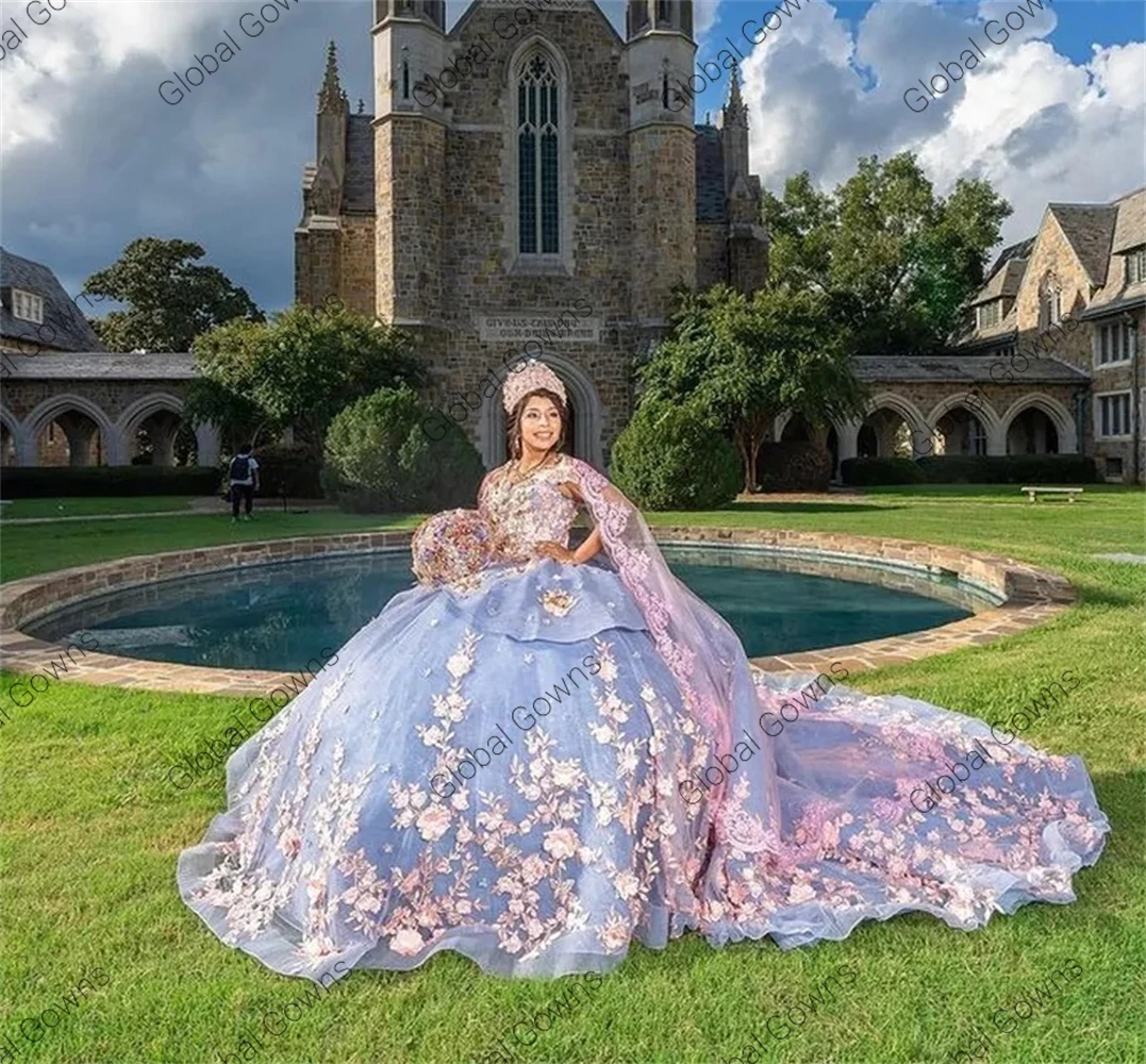 Vestido de fiesta de Quinceañera de princesa para niñas, vestidos de fiesta de cumpleaños con cuentas con apliques de capa, Vestido de Graduación