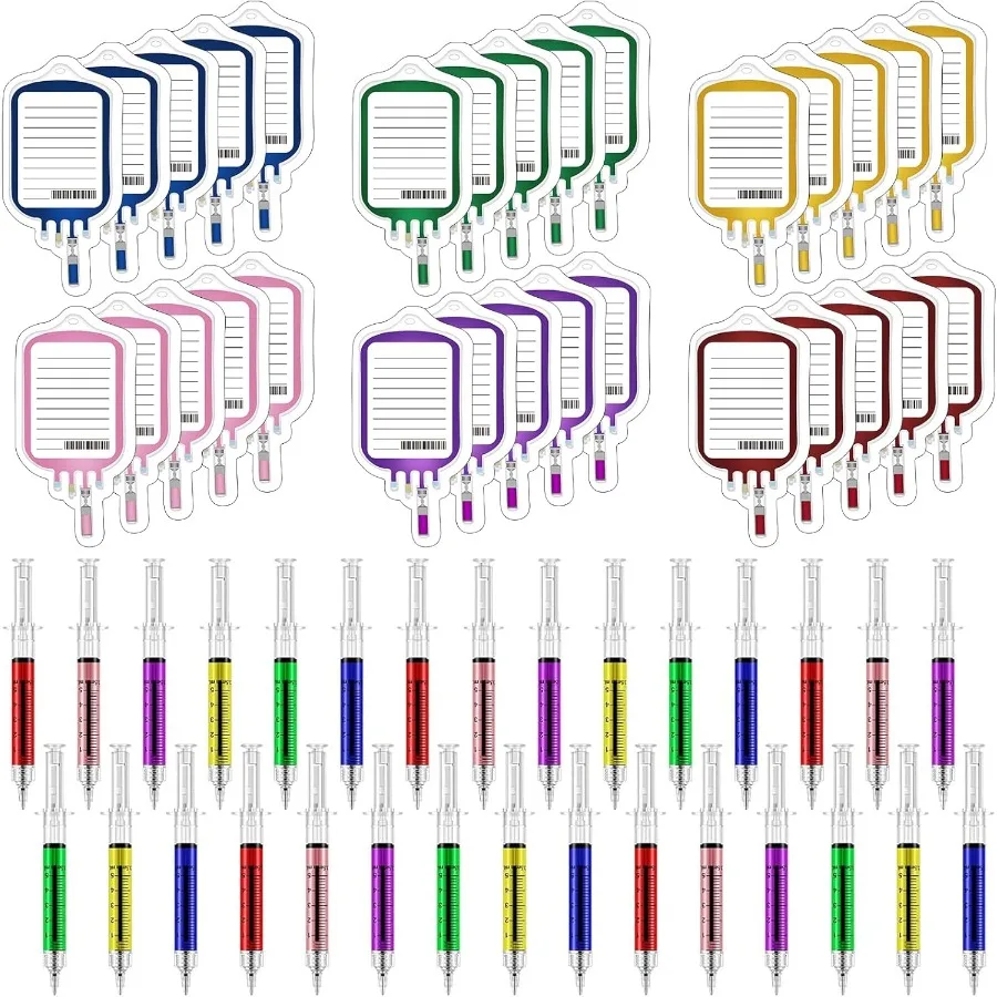 

30 Sets Syringe Pens Set Includes 30 Fun Nue Pens 30 Blood Bag Sticky Notes Black Ink Ballpoint Pen Retractable Novelty Pen for