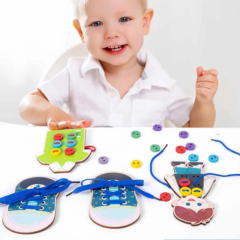 Kids Threading Toys Lacing Shoes Clothes Stringing Wooden Montessori Educational Puzzle Toy Activity Board Fine Motor Skill Gift