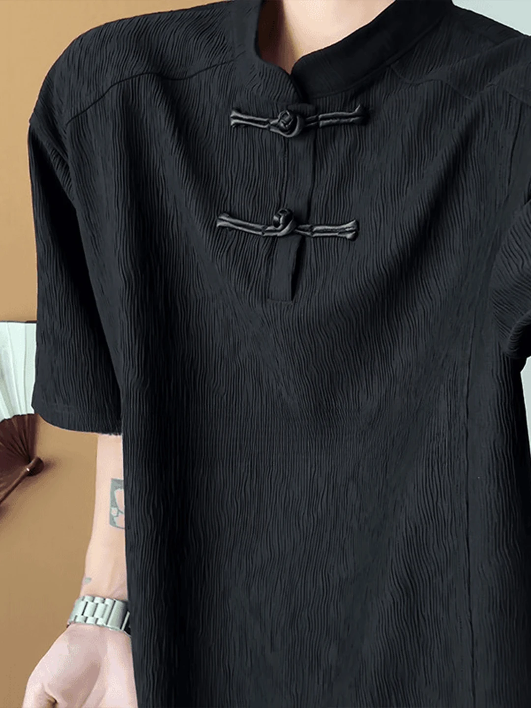 New Chinese Style Button up Henry Collar Short Sleeve Men's T-Shirt Summer Ice Silk Shoulder Width Regular Tree Bark Pattern