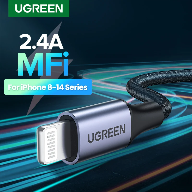 

MFi USB-кабель UGREEN для iPhone 14, 13, 12 Pro Max, 2,4 А, кабель для быстрой зарядки Lightning для iPad Mini, кабель для передачи данных телефона