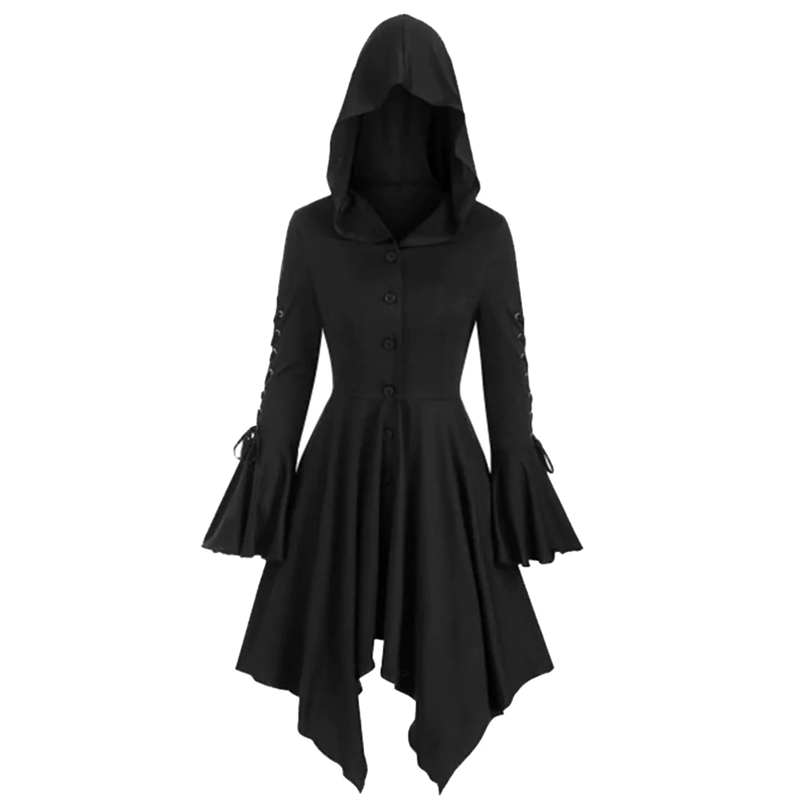 Damska średniowieczna gotycka peleryna z kapturem nieregularny brzeg rękawy w kształcie lotosu sukienka punkowa renesansowa suknia Party Cosplay