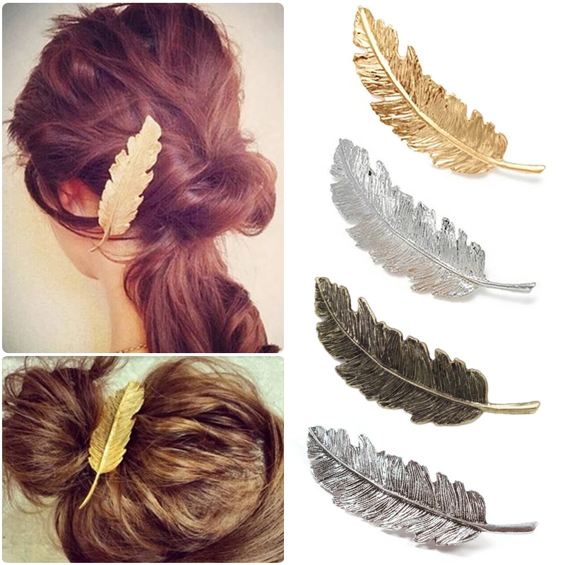 Girl Feather Hair Clip Retro Exaggerate Alloy Feather and Leaf Shaped Spring Barrettes for Girl Ponytail Hair Accessory