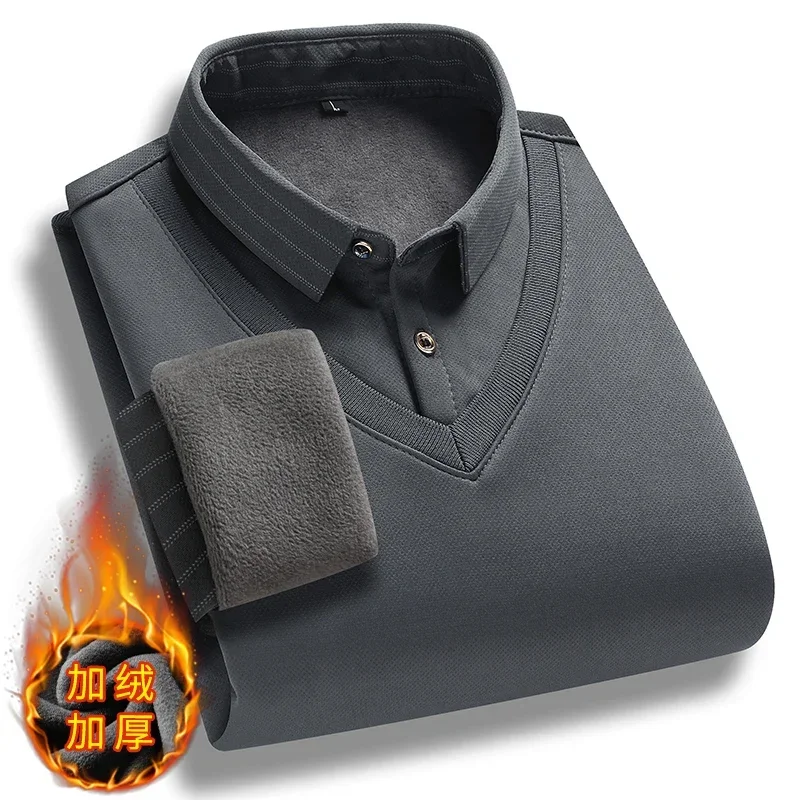 Men Fake Two Piece Pullover Knitted Sweater 2024 Winter Warm Top Thickened Velvet Fleece Lined Shirt Collar Sweater Men Clothes