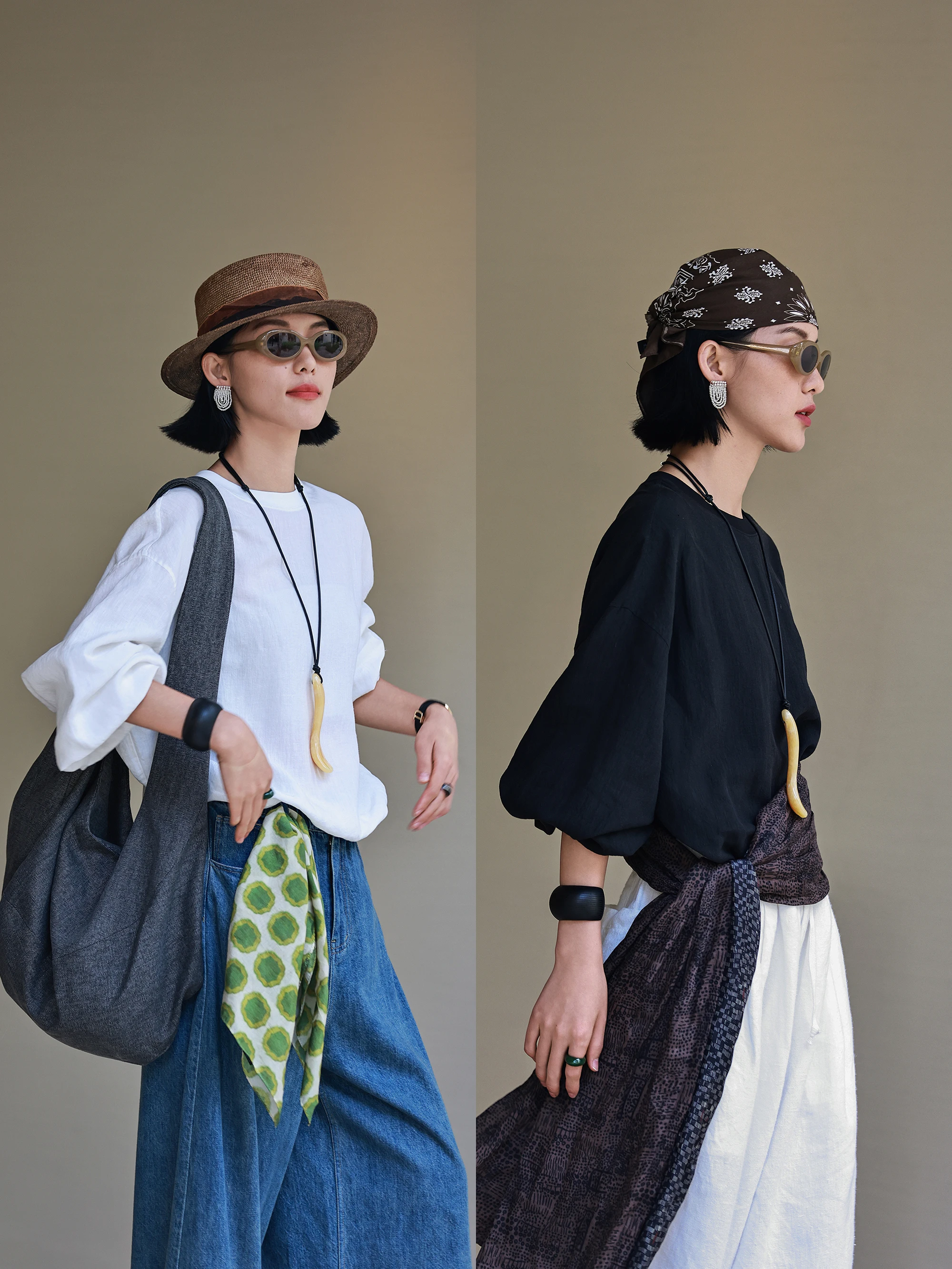 

Casual Hanflax Linen Blend High Density round Neck Bubble Sleeve Loose Fit Top Spring Summer New Arrival Ma Lin Ladies T-shirt