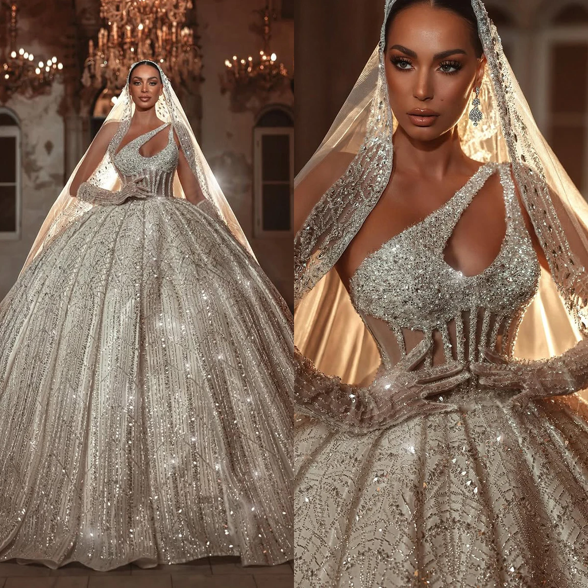

Vintage Wedding Dresses Sequins Pearls Bridal Ball Gowns Sleeveless Customized Backless Princess Bride Dress Vestidos De Novia