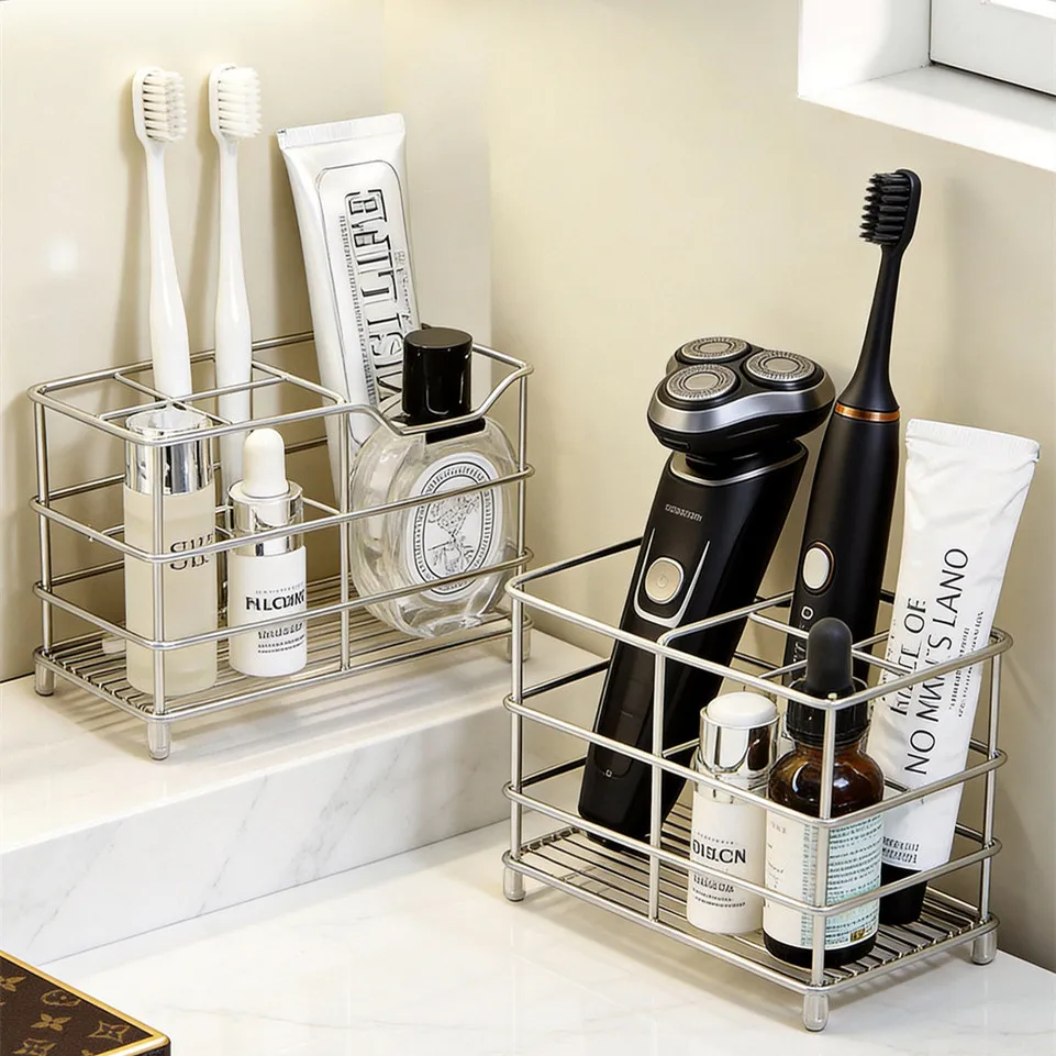 5-Slot Stainless Steel Toothbrush Holder Space-Saving Freestanding Design No Installation Required Ideal for Bathrooms