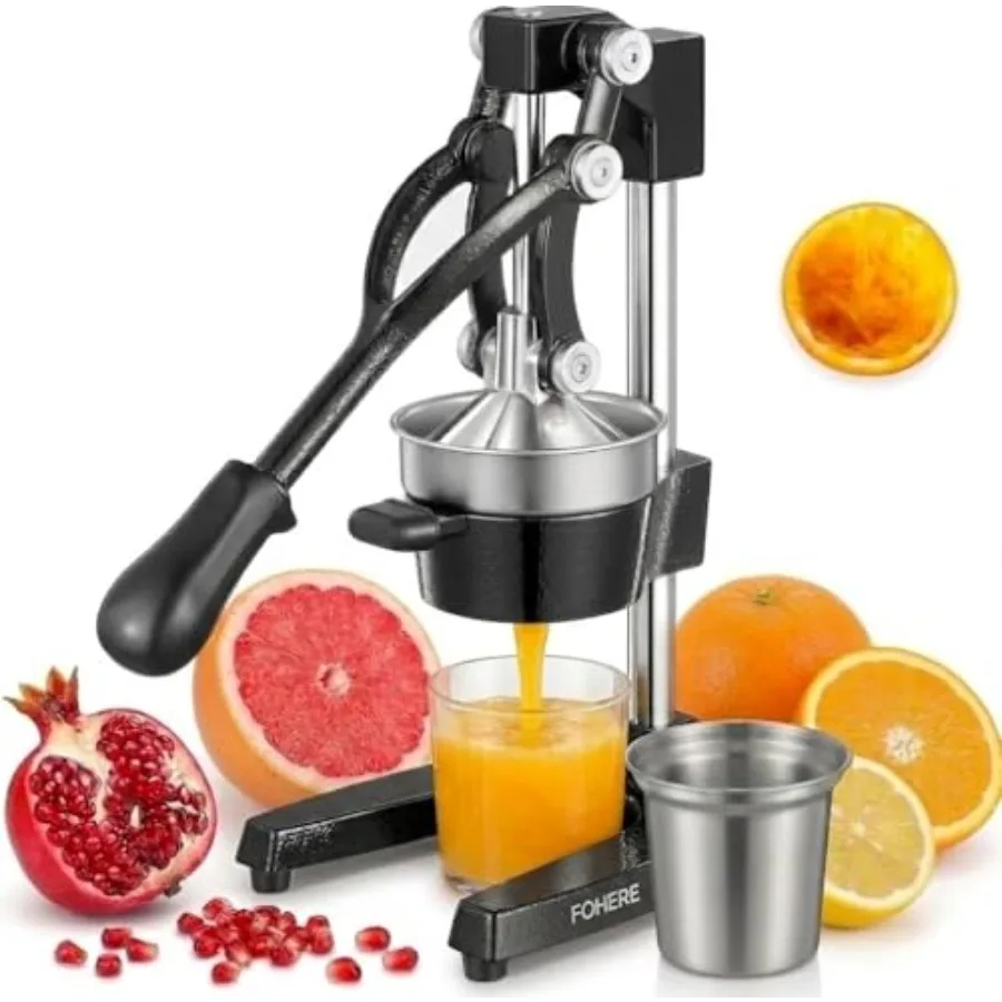 Commercial citrus juicer for orange, lemon, pomegranate, grapefruit; cast iron body with stainless steel cup; orange color; eas