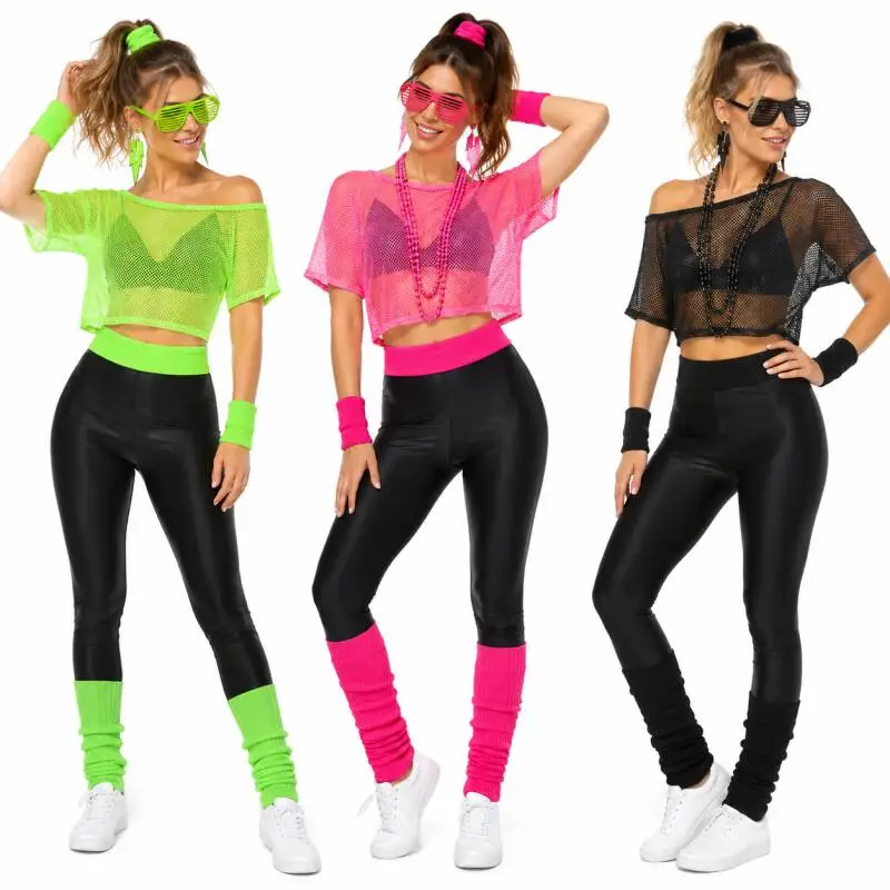 Conjunto de disfraz hippie de los años 80, top corto de malla neón, calentadores de piernas, diadema, pendientes, gafas, accesorios de disfraz retro para Halloween y carnaval