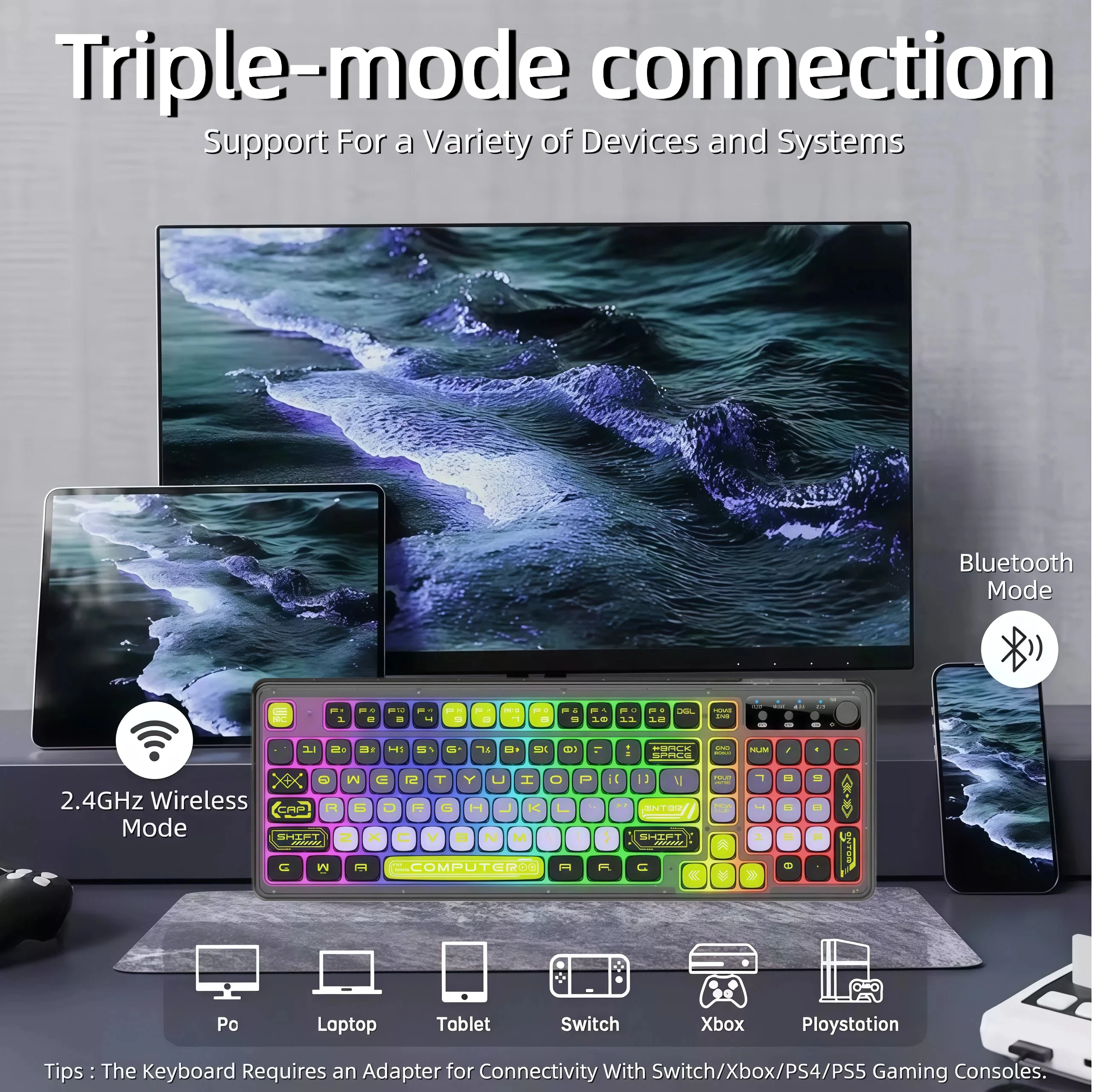 

XUNSVFOX K98 Bluetooth беспроводная игровая клавиатура 99-клавишная градиентная клавиатура с тремя режимами RGB-подсветки киберспортивная игровая офис