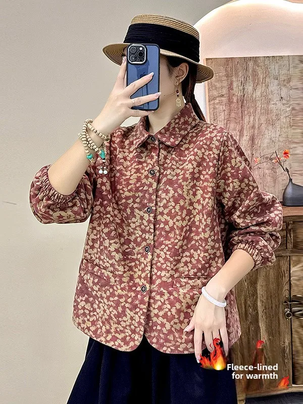 Retro Sle Fce gevoerde lange Sve irt Jaet dames losse pasvorm bedrukte Brued bovenkleding herfst winter nieuwe collectie