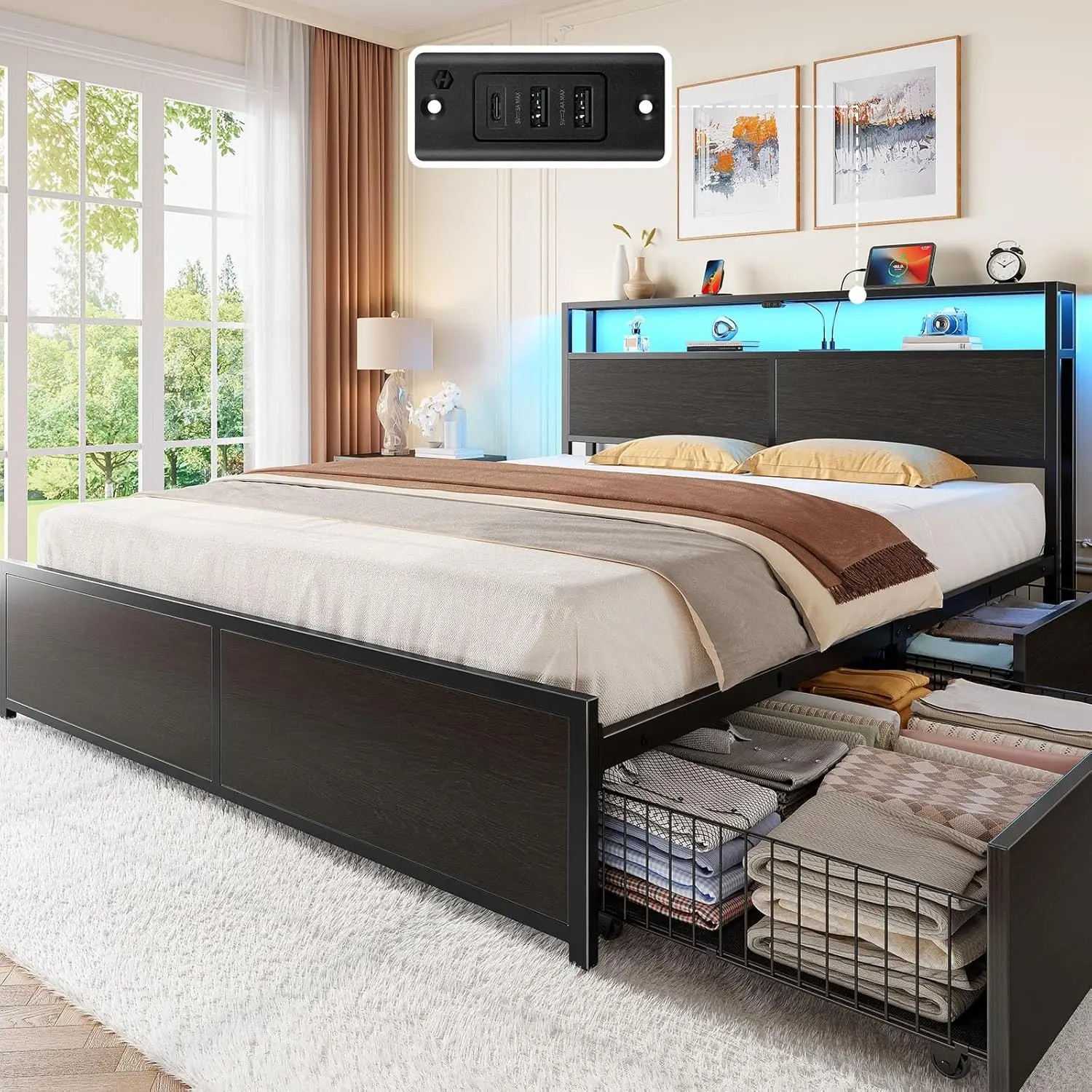 Full Size Bed Frame with Storage Drawers, Charging Station & LED Lights, Metal Platform Bed, Easy Assembly