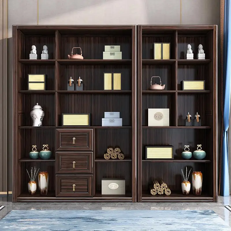 

New Chinese-style all-solid wood bookcase with glass door, living room storage locker integrated against the wall