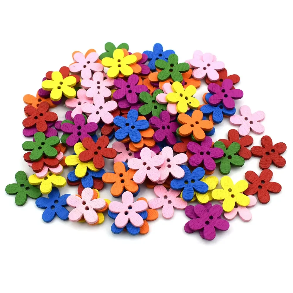 100Pcs/Set 2-Hole Mix Color Plum Flower Shape Wooden Buttons for Sewing Scrapbooking Craft Technological Garment Accessories