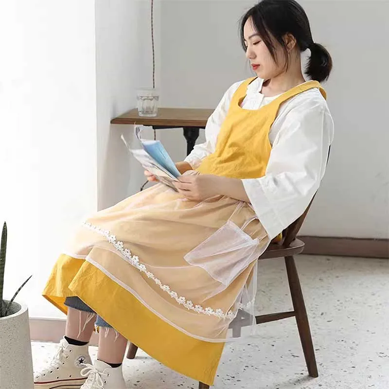 Korean Cotton Yarn Kitchen Dress Apron with Pockets Cooking Baking Cross-back Pinafore Work Clothes for Beauty Salon Nail Shop