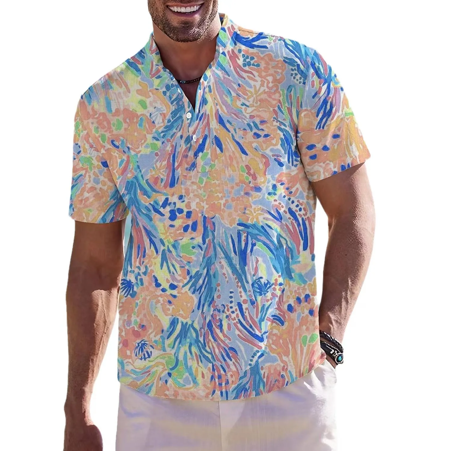 

2024 Tiki Hot Spring/Summer New Tropical Flower Men's 3D Digital Printed Henley Shirt Holiday Hawaiian Button Short sleeved Men'