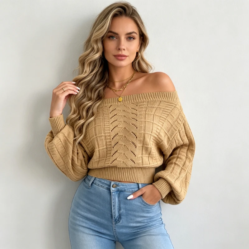 Sexy Solid Color Slash Neck Hollowed Out Short Knitted Pullover Autumn Winter Off Shoulder Lantern Sleeve Women's Woolen Sweater