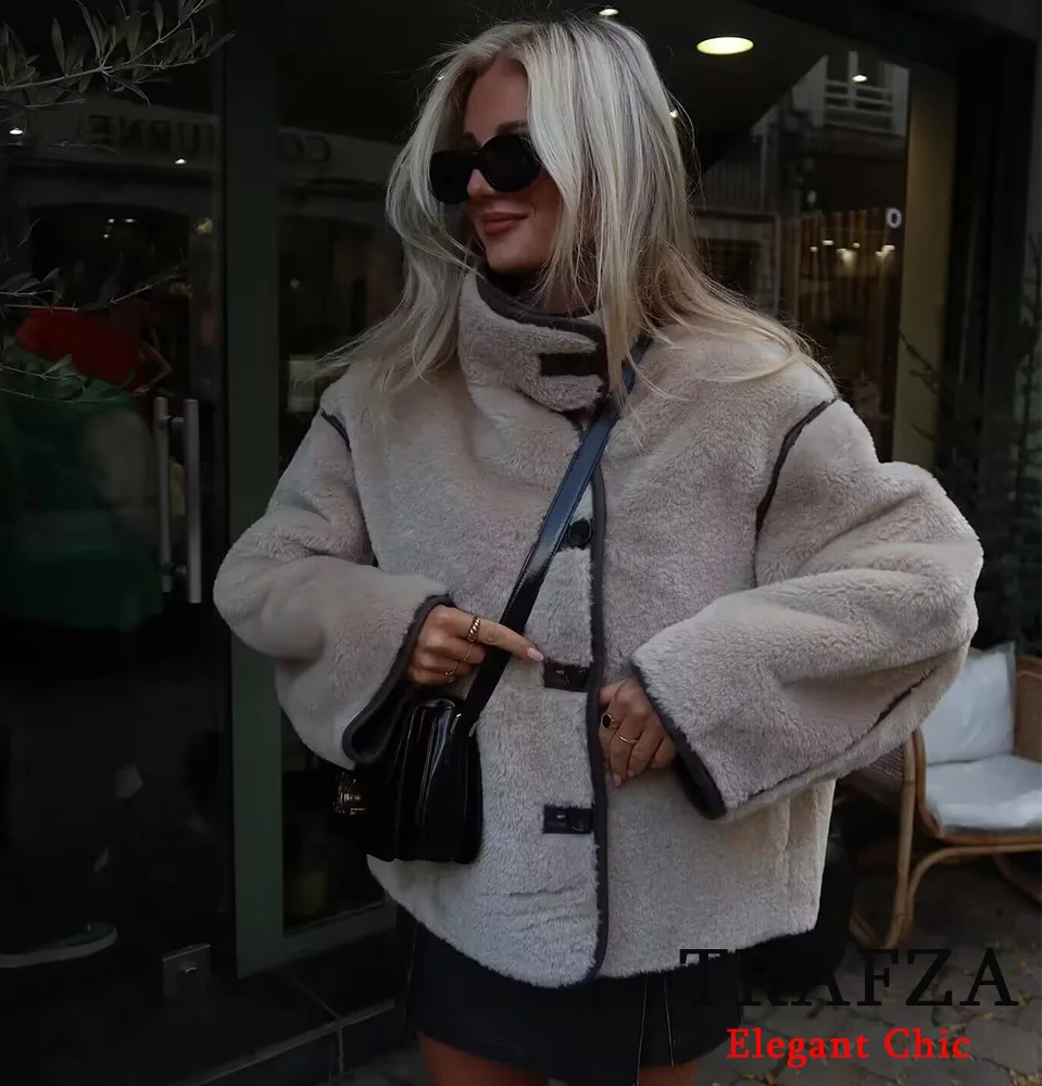 TRAFZA autunno inverno Casual in pile cappotto allentato giacca da donna con collo alto giacca con bottoni nuova giacca cappotto moda invernale 2024