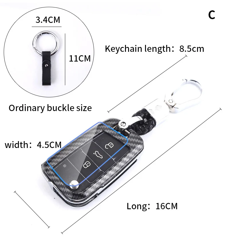 Luxury Carbon Fiber Car Key Cover with Full Protection, HD Transparent Film, and Zinc Alloy Keychain for Skoda - Multiple Color