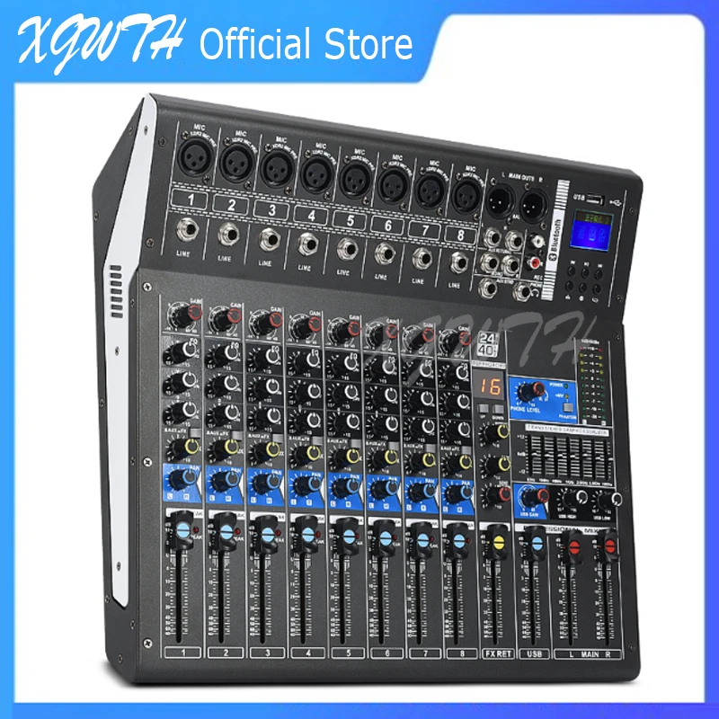 8 Channel Digital Mixer Sound Audio Mixing Console with 24 DSP Digital Effects Bluetooth USB MP3 DJ Reverberation Console