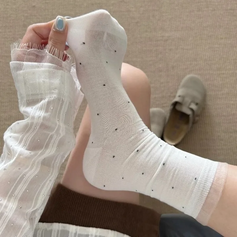 Women's 5-Pack Polka Dot Slouch Calf Socks Tulle Ruffle Edge Soft Cotton Frilled Balletcore Daily Casual Sweet Wear