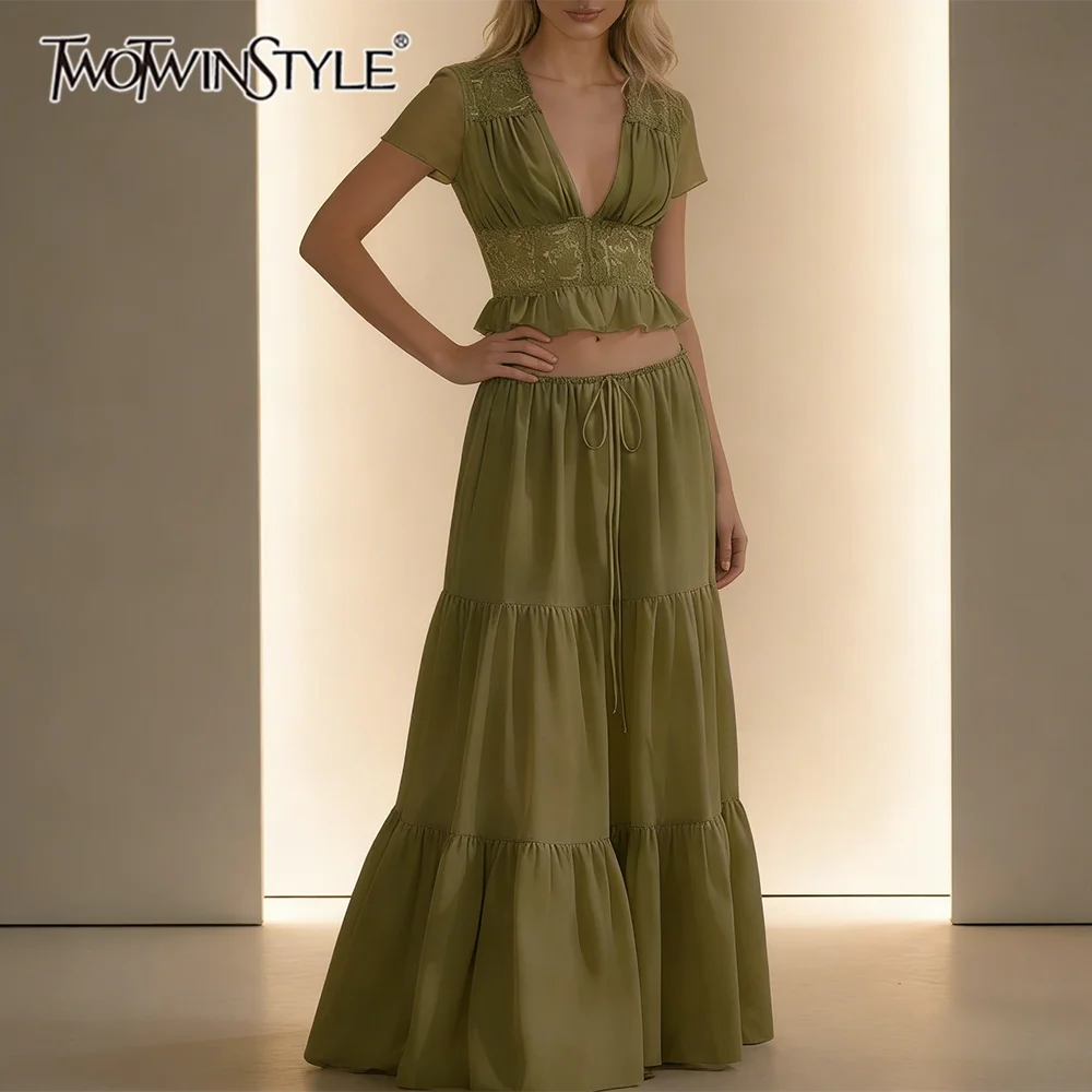 

TWOTWINSTYLE Solid Slimming Spliced Mesh Elegant 2 Piece Sets for Women V Neck Short Sleeves Patchwork Lace Up Skirt Set Female