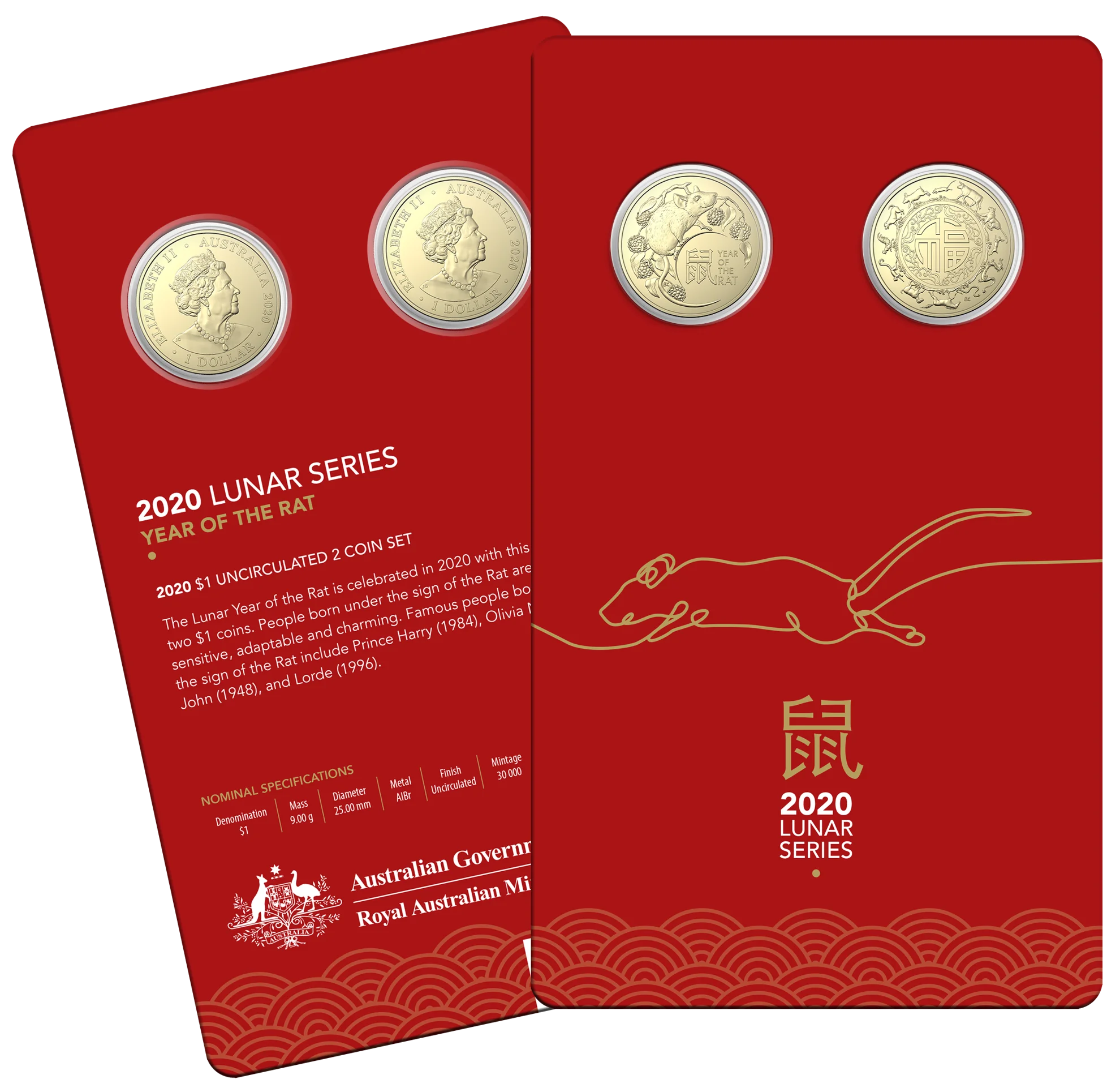 

Australia 2020 1 Yuan Commemorative Coin Zodiac Year of the Rat Blessing 2 Pieces