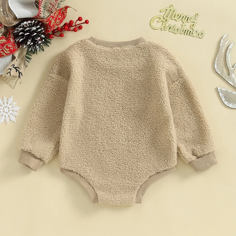 Baby Fleece Romper Long Sleeve Round Neck Warm Fluffy  Reindeer Embroidery Jumpsuit Infant Winter Outfit