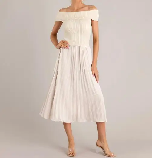 Zomer een schouder strapless slim fit temperament gebreid shirt hoge taille plooirok damesmode casual outfit