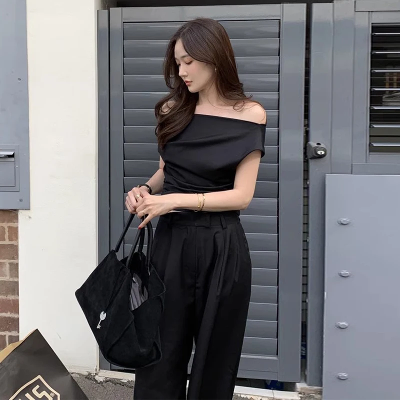 French Temperament Casual Off-the-shoulder Shirt Top+high Waist Wide Leg Pants Suit Female 2024 Korea Chic Summer Suits