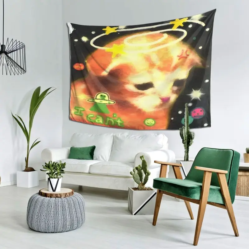 VIKAMA Retro Oil Painting Starry Sky Angel Orange Cat Tapestry, Vintage Wall Art for Bedroom Living Room Decor