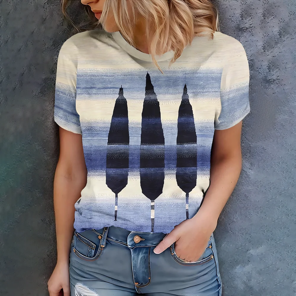 

Blue and white gradient abstract painting women's round neck T-shirt, elegant and generous - new summer casual product for 2025