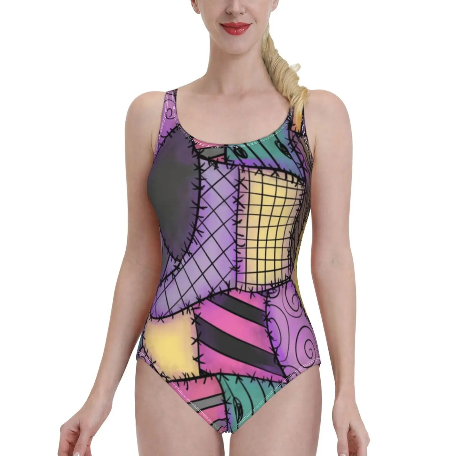 Patchwork Ragdoll Women Printed One Piece Swimwear Sexy Backless Swimsuit V Neck Summer Beach Wear Nightmare Sally Patchwork Ed