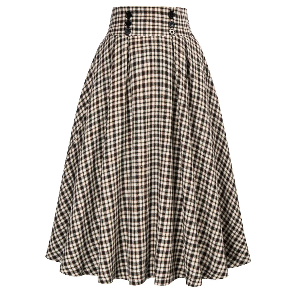 Belle Poque Women Plaid Skirt Elastic High Waist Buttons Decorated A-Line Skirts Knee Length Pleated Midi Skirt With Pockets A30