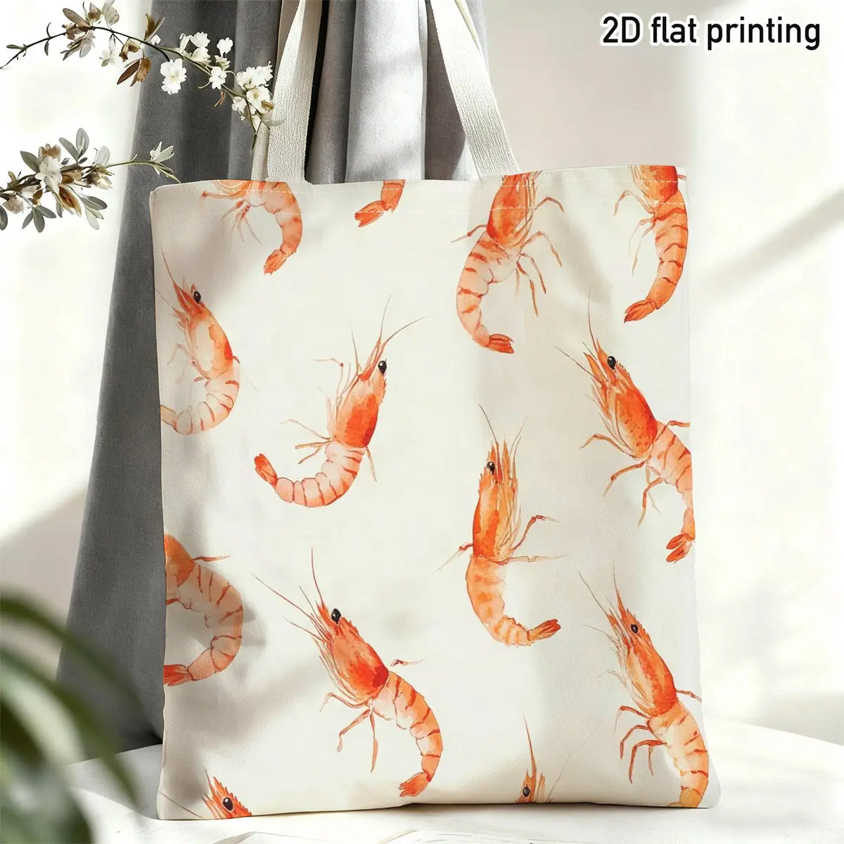 1pc Seafood Print Tote Bag Suitable for Beach, Farmers Market & Daily Errands - Vibrant Orange Shrimp Watercolor, Bag with Shrim