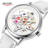 Reloj SKMEI de dibujos animados a la moda, reloj de cuarzo con bonito gato para mujer, reloj giratorio con esfera luminosa para estudiantes, resistente al agua, regalo para niñas y estudiantes