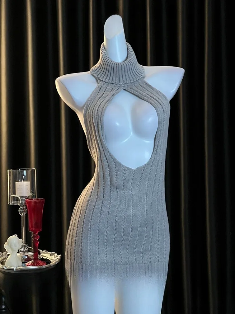 

Autumn Winter New Sexy Body-hugging Dress,Low-cut Cutout Nightwear for Women,Pure Desire High-neck Style,Romantic Temptation