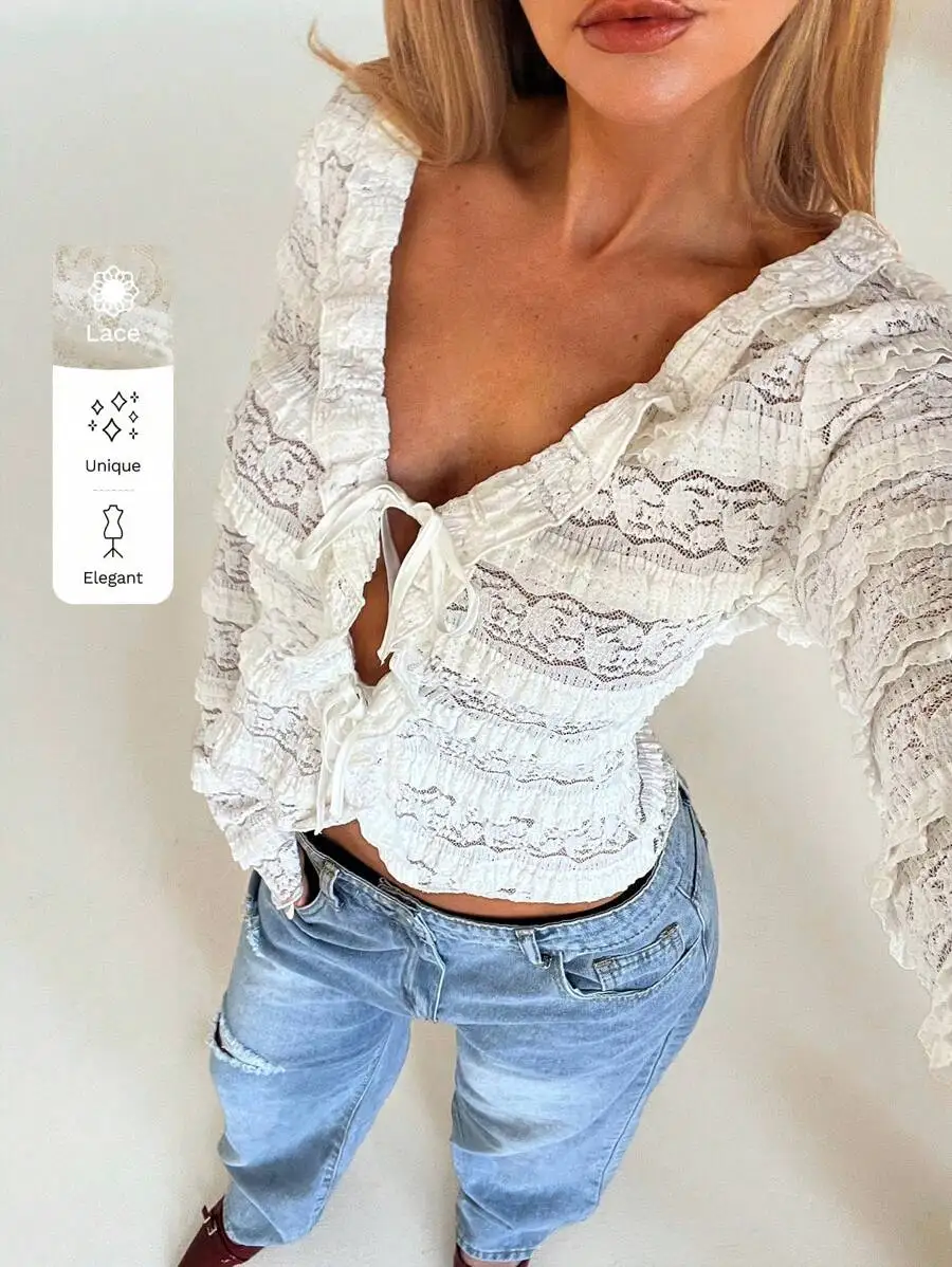

Women's Lace Tie-Front Ruffled Long Sleeve Blouse - Sheer Elegant Top