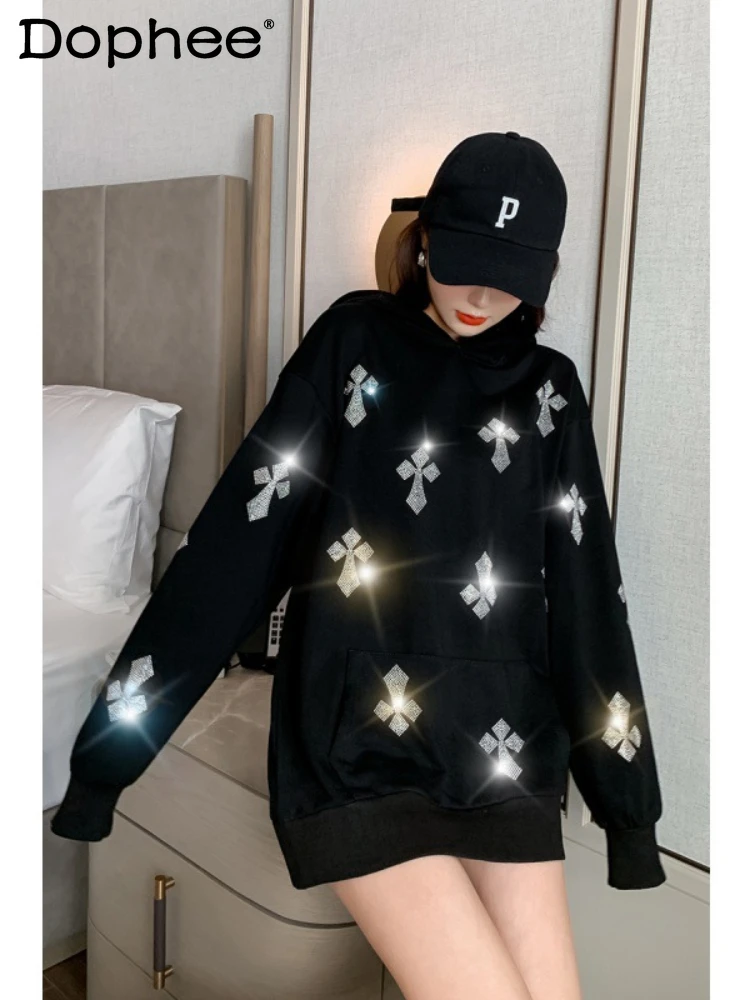 

Loose Mid-Length Sweatshirt Top 2023 Autumn Winter New Heavy Embroidery Hot Drilling Hooded All-Match Long-Sleeved Hoodie Coat