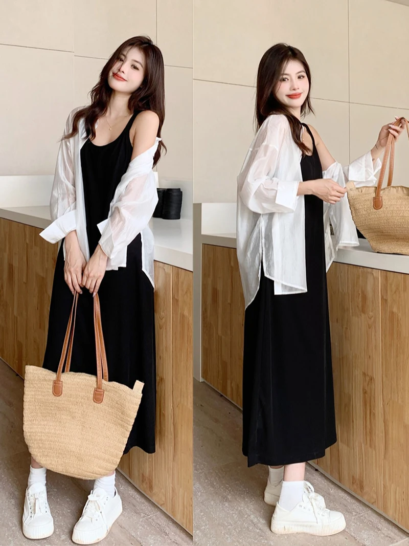 

plus Size Sleeveless Strap Dress Women Summer Loose Meat Covering Black Long Dress Slightly Plump MM High-End Feeling Vest Dress
