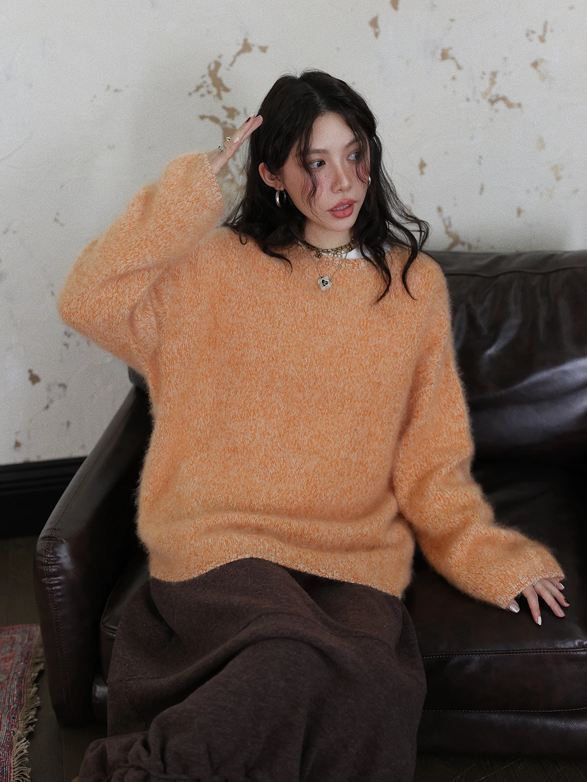 

DR Special Melon Color Soft Thiened Pure Wool Knitted Sweater Women's round Ne Pullover Autumn Winter Color Knitwear