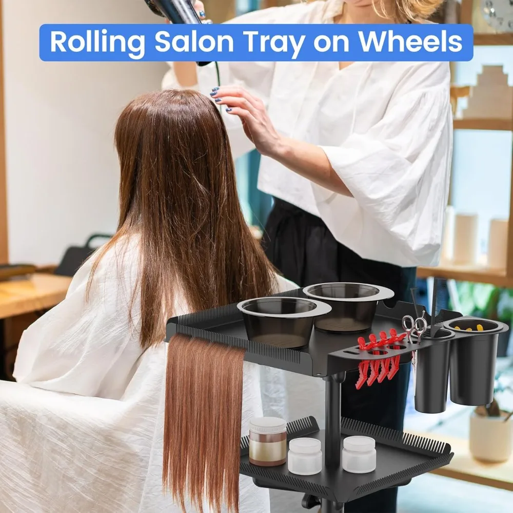 Rolling Salon Tray Cart with Braiding Hair Platform, Salon Tray with 2 Magnetic Bowls, Height Adjustable Salon Trolley Cart