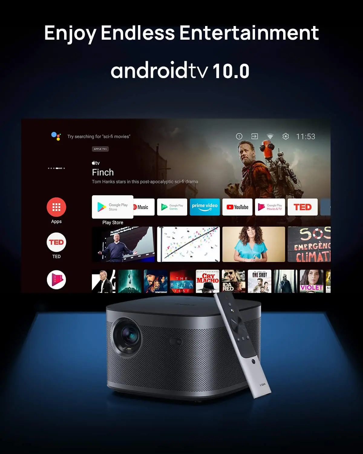 Projetor Horizon Pro 4K, 1500 ISO Lumens, Android TV 10.0, Adaptação de Tela Keystone, Home Theater